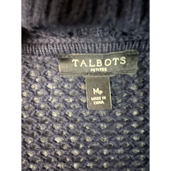 Talbots Petite Meduim Cardigan Navy Blue100% Cotton Open Weave Mesh Knit Pockets - Picture 4 of 8
